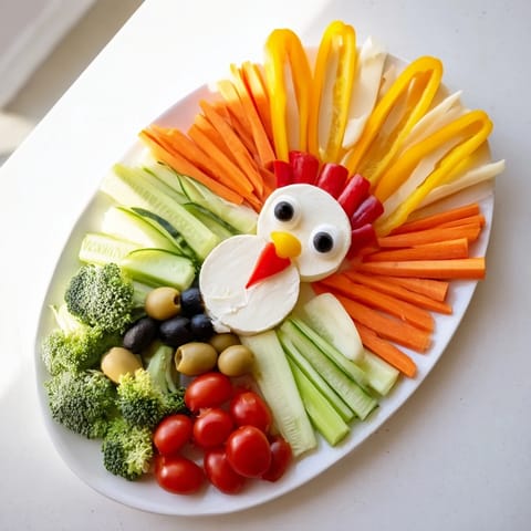 Freshly arranged turkey-shaped appetizer tray showcases olives and cheeses perfect for a holiday snack.