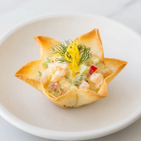 Delicate, crispy phyllo cups forming beautiful Mini Star Cocktail Cups with a savory shrimp filling.