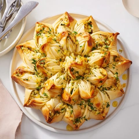 This glistening star shaped garlic bread, with herbs and cheese, is baked to delightful perfection.
