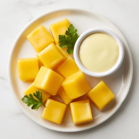 This vibrant cheese platter with Gouda and mustard dip is ready to serve for a delightful appetizer.