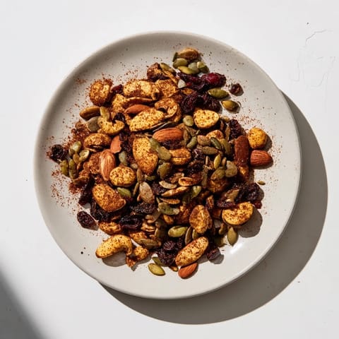 A close-up of golden, roasted acorn & oak snack mix ready for your enjoyment.