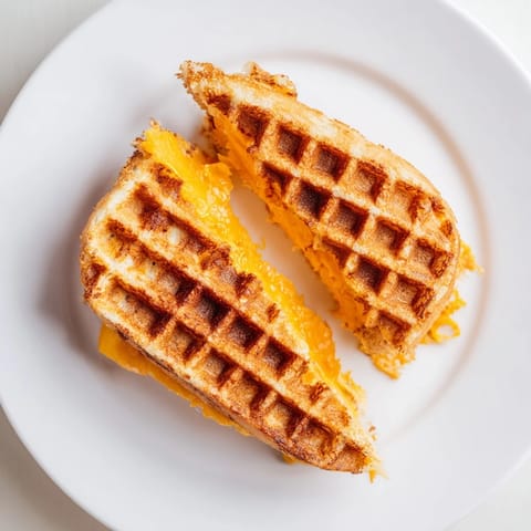 A close-up of a crispy waffle grilled cheese, with melted cheese oozing between the bread slices.