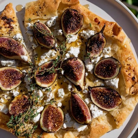 Gourmet puff pastry truffle pizza with warm figs, goat cheese, and truffle oil—a perfect appetizer.