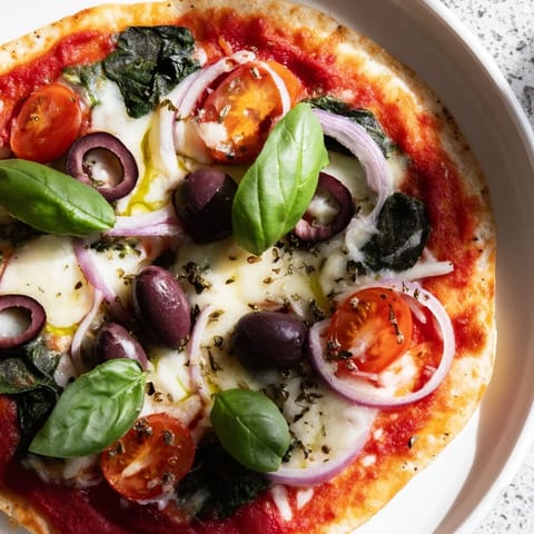 Close-up of a fully loaded crispy tortilla pizza, with inviting vibrant toppings and a bubbly crust.