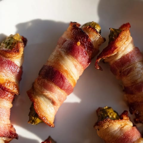 Twelve smoky bacon-wrapped dill pickles served warm with a tangy ranch dip for a gluten-free snack.  