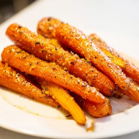 Golden-brown Parmesan Baby Carrot Chips arranged neatly for serving, perfect as a crispy side dish or snack.  