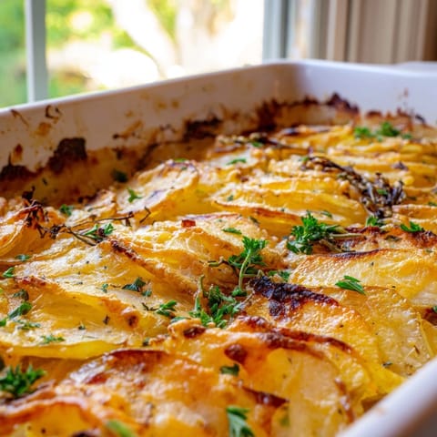 Golden roasted potato slices layered with caramelized onions and melted Gruyère for French Onion Soup Potatoes, served warm as a side.