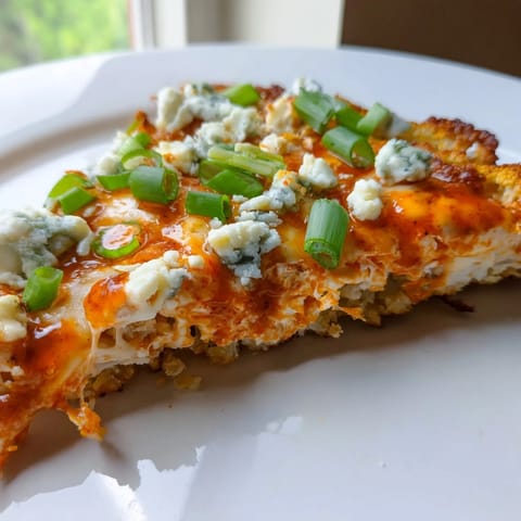 Freshly baked Buffalo Cauliflower Pizza on a wooden board, featuring a gluten-free cauliflower base, tangy buffalo sauce, and optional blue cheese crumbles.  