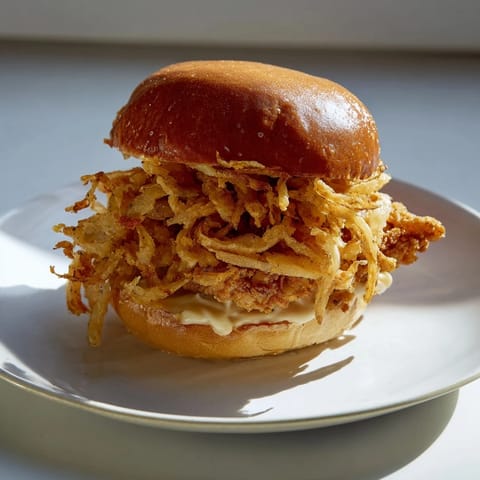Golden Crispy Onion Chicken Sandwich on a toasted brioche bun, layered with fried onions and creamy aioli.