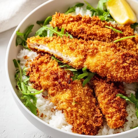 Golden, crispy Parmesan chicken cutlets arranged over fluffy white rice with fresh arugula and lemon wedges in a vibrant bowl.