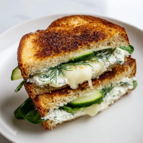Freshly prepared Whipped Feta Spring Grilled Cheese sliced open, revealing a smooth, tangy whipped feta filling studded with dill, nestled between crisp, toasted bread.
