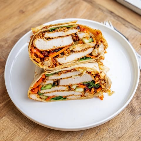 Freshly assembled Honey Chili Crunch Chicken Wrap with juicy chicken, shredded lettuce, and vibrant carrots in a warm flour tortilla.