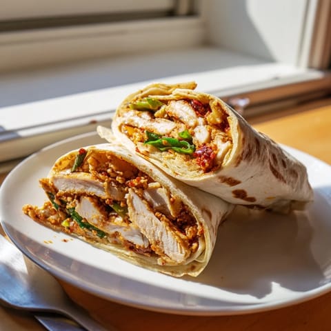 Spicy-sweet Honey Chili Crunch Chicken Wrap sliced in half, revealing layers of crisp veggies and saucy chicken for a satisfying lunch.