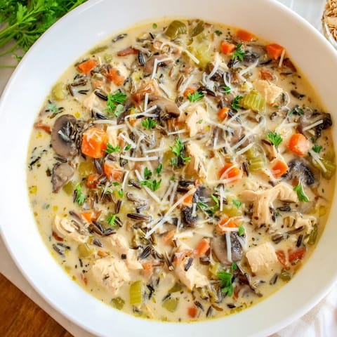 Close-up of creamy Parmesan Mushroom Chicken and Wild Rice Soup in a rustic bowl, steam rising from the spoonful.