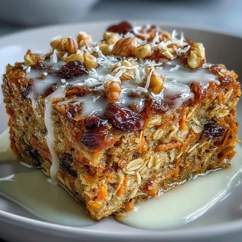 Healthy Carrot Cake Oatmeal fresh from the oven, drizzled with syrup.
