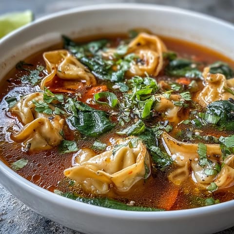 Close-up on Red Curry Wonton Soup With Greens, garnished with sliced scallions, fresh cilantro, and a squeeze of lime.  