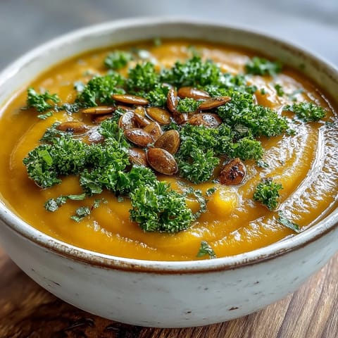 Creamy Roasted Broccoli and Butternut Squash Soup served in a rustic bowl topped with pumpkin seeds. 