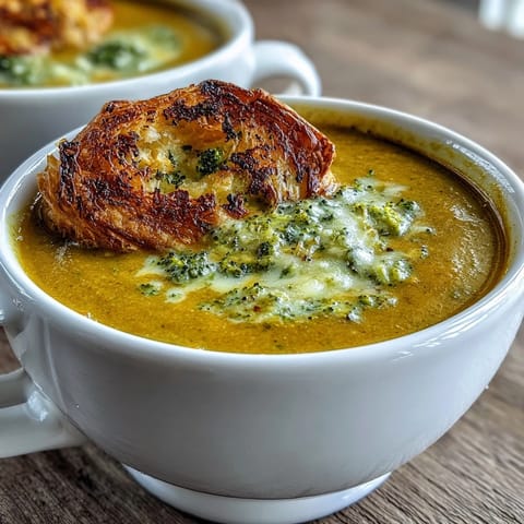 A spoon scoops into the velvety Creamy Broccoli and Butternut Squash Soup With Pastries revealing smooth texture and melted brie.