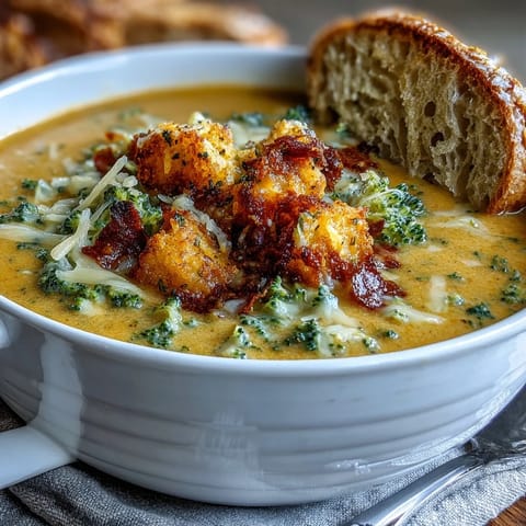 Butternut Squash Broccoli Cheddar Soup steaming in a rustic bowl, topped with extra cheddar and roasted broccoli florets.