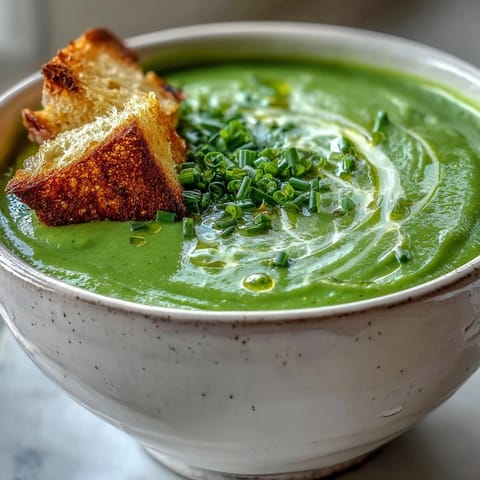 Creamy homemade Cream of Broccoli Soup garnished with fresh chives and croutons.