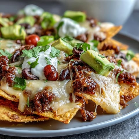 Freshly baked Baked Nachos loaded with seasoned ground beef, black beans, and juicy cherry tomatoes, ready to share.