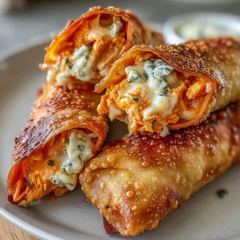 Crispy fried Buffalo Chicken Egg Rolls served with carrot sticks and celery on a wooden board.