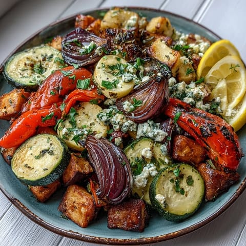 Tossing roasted Mediterranean Greek vegetables with feta and olives for a colorful vegetarian side dish served warm.