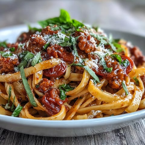 Freshly grated Parmesan and torn basil top this vibrant pasta tossed with garlic and onions.
