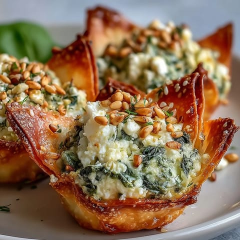 Crispy wonton cups with warm spinach feta filling on a rustic wooden board.