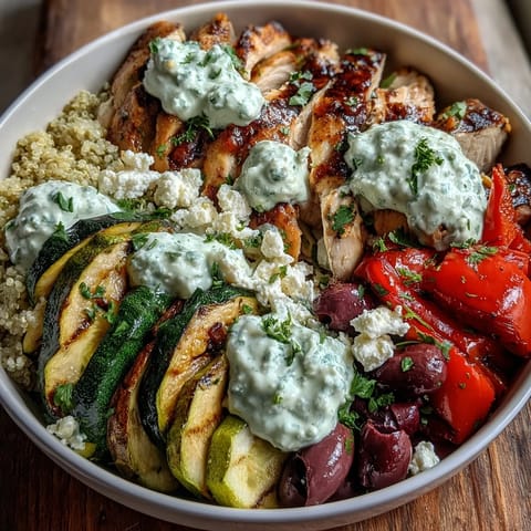A vibrant serving of Healthy Grilled Mediterranean Bowl topped with creamy tzatziki sauce.