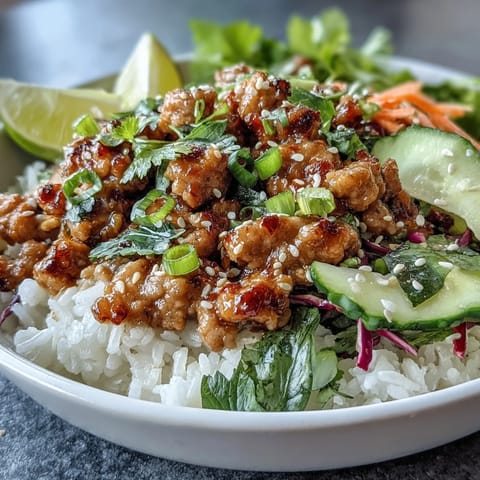 Tender ground turkey cooked in a sweet and spicy chili mayo sauce, served over steamed rice with vibrant shredded veggies and a garnish of sesame seeds and scallions.