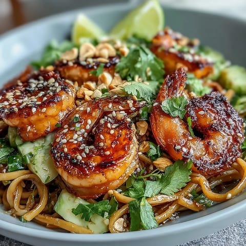 The finished Grilled Shrimp Asian Noodle Bowl is ready to serve, topped with scallions, cilantro, and crunchy peanuts.