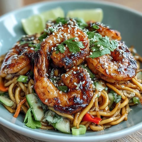 15-Minute Asian Noodle Bowl with Grilled Shrimp topped with fresh veggies and sesame seeds on a white plate.