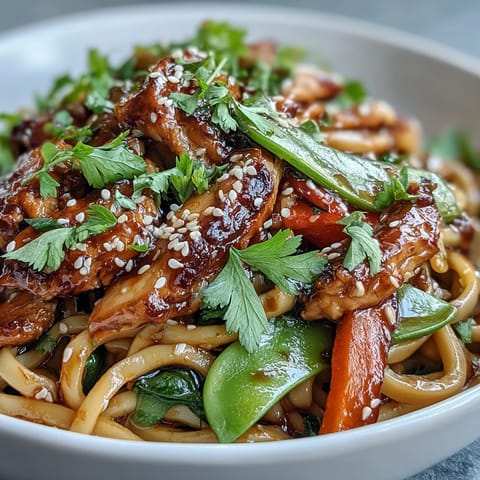 Stir-fried sesame chicken noodle bowl garnished with toasted sesame seeds, cilantro, and lime wedges on a rustic table.