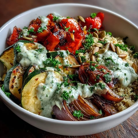 A vibrant Roasted Vegetable Quinoa Bowl for lunch, featuring zucchini, bell pepper, and red onion from the sheet pan.