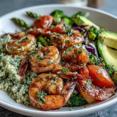 A vibrant Rainbow Vegetable Detox Bowl with pink shrimp, creamy avocado slices, and fluffy quinoa topped with a drizzle of balsamic dressing.