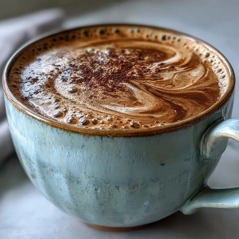 Creamy hot hojicha latte in a ceramic mug, topped with fluffy foam and a light dusting of roasted tea powder.