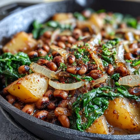 A hearty Black-Eyed Pea Skillet Dinner topped with fresh parsley and lemon wedges, served hot and ready to eat.