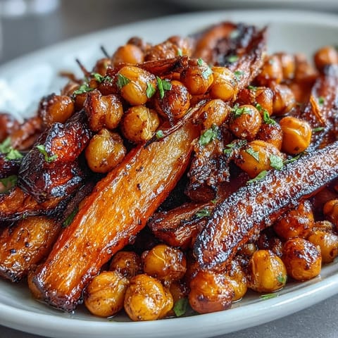 Serving the One-Pan Roasted Carrot and Chickpea Bowl over fluffy quinoa, drizzled with rich tahini sauce and fresh herbs.
