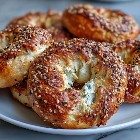 Chewy homemade Greek Yogurt Bagels topped with everything seasoning, served warm with cream cheese and sliced avocado.