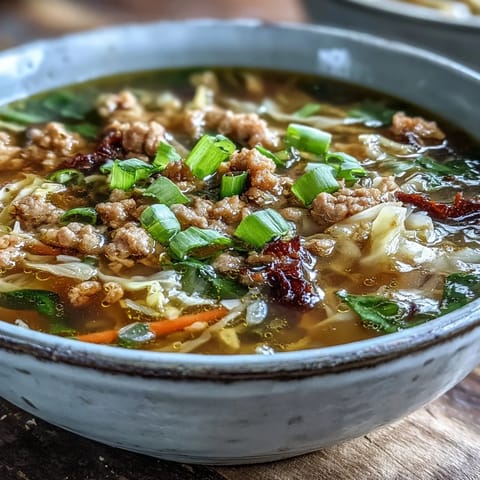 Spoon-ready One-Pot Egg Roll Soup garnished with ginger and green onions, ideal for a quick weeknight dinner.
