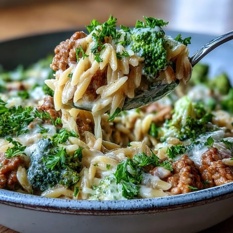A steaming skillet of Creamy Garlic Turkey & Broccoli Orzo is garnished with fresh parsley, served alongside a crisp green salad for dinner.