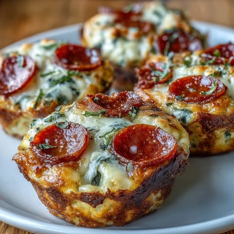 Golden-brown High-Protein Pepperoni Breakfast Cups peek out of a muffin tin, revealing melted mozzarella and pepperoni inside.