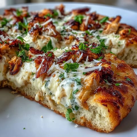 Golden-brown garlic naan breads are topped with Caesar-dressed chicken, melted mozzarella, and fresh romaine lettuce.