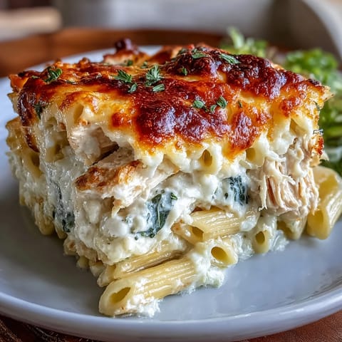 Freshly baked Greek Yogurt Chicken Alfredo Bake with golden, bubbly Parmesan cheese and fresh parsley garnish.