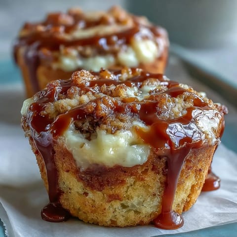 Golden muffins with Caramel Cream Cheese Swirl Muffins showing a rich marbled interior crumb.