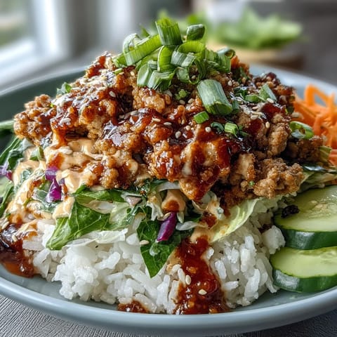 Colorful rice bowl with saucy ground turkey, crunchy carrots, cabbage, cucumber, and drizzled bang bang sauce.