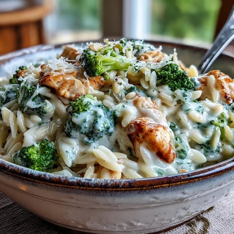 Creamy Garlic Turkey & Broccoli Orzo in a skillet with tender turkey, bright broccoli, and silky sauce.
