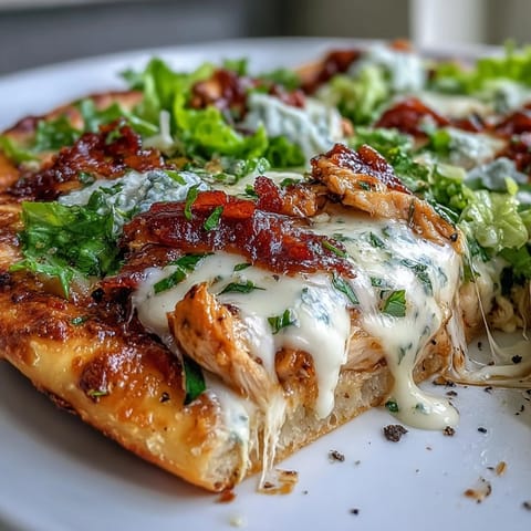 Melted mozzarella and Caesar-dressed chicken on garlicky naan bread, ready to slice and serve.