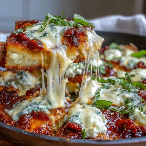 A close-up view of a spoon scooping a hearty portion from the Cheesy Garlic Bread Lasagna Skillet, revealing gooey cheese pulls and saucy layers. 